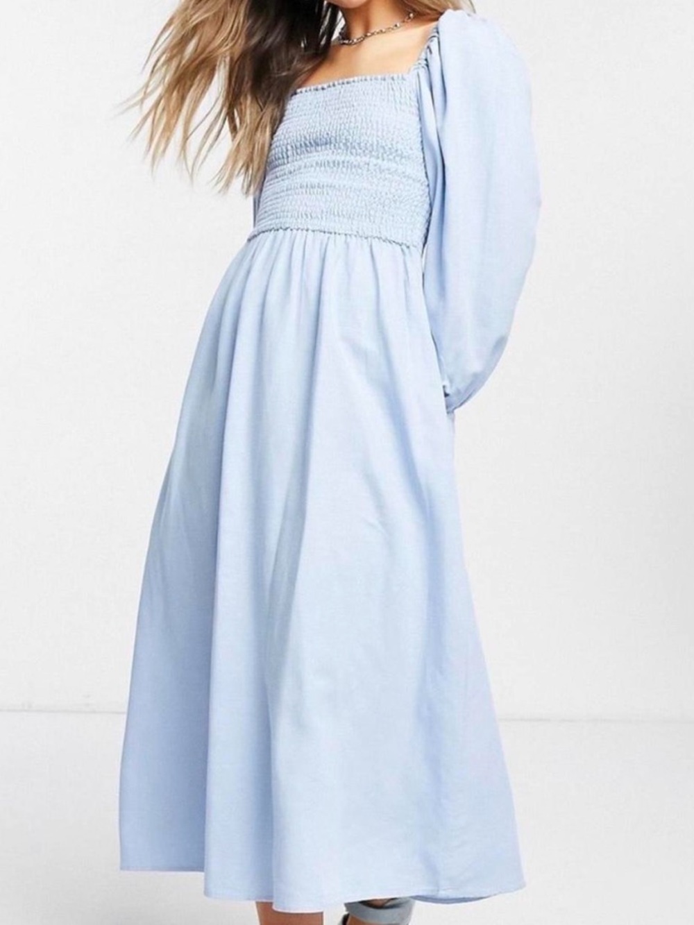 New Look Puff Sleeve Powder Blue Smocked Cotton Blend Midi Dress Size 12